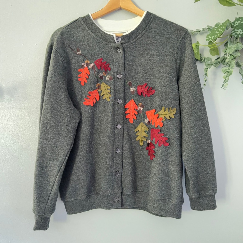 Rebecca Malone Vtg Cardigan Autumn Cottage Gray Boho Button Fall Leaves Wmns Mp
